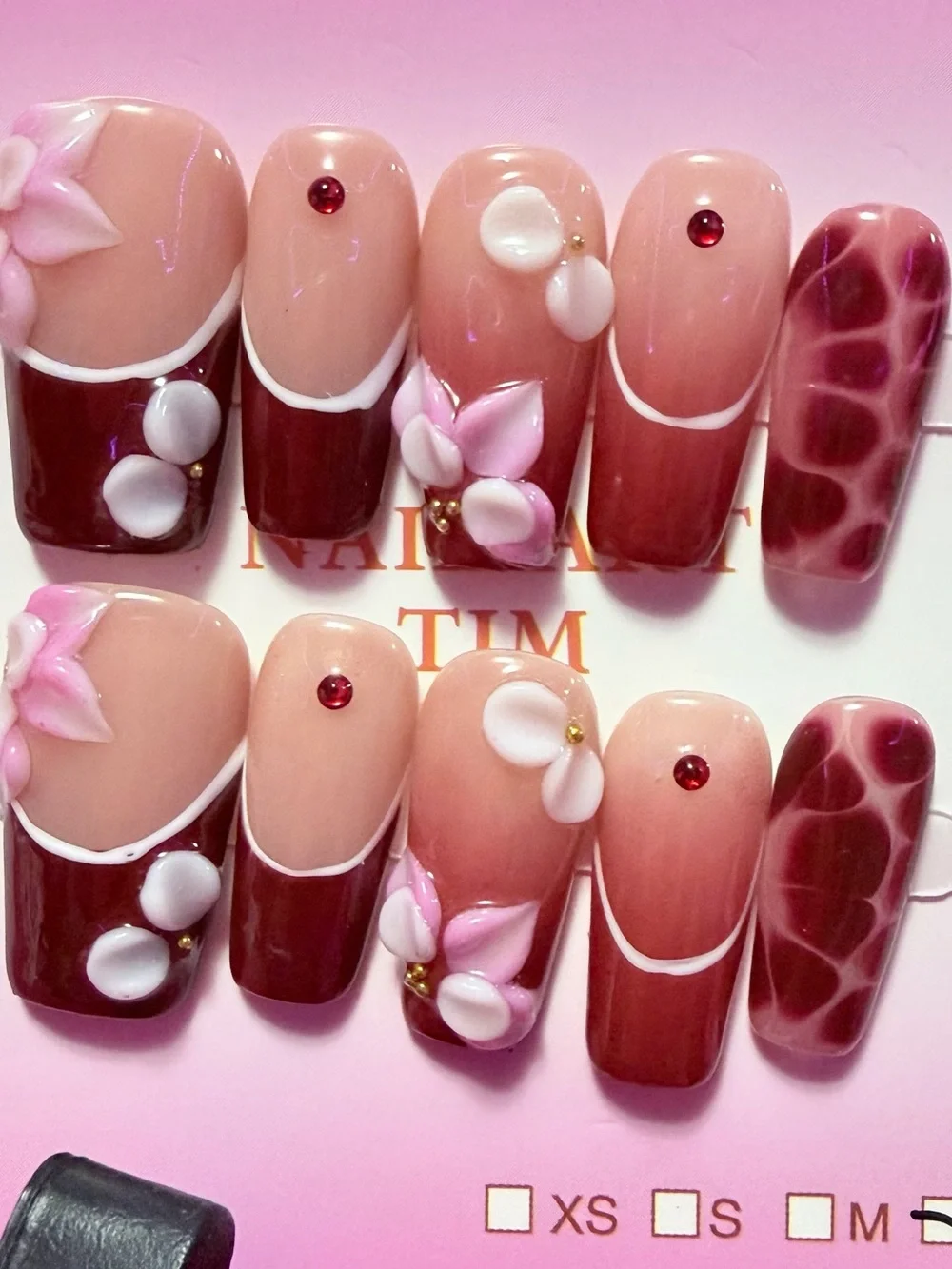 Blush Pink & Burgundy 3D Floral Press-On Nails